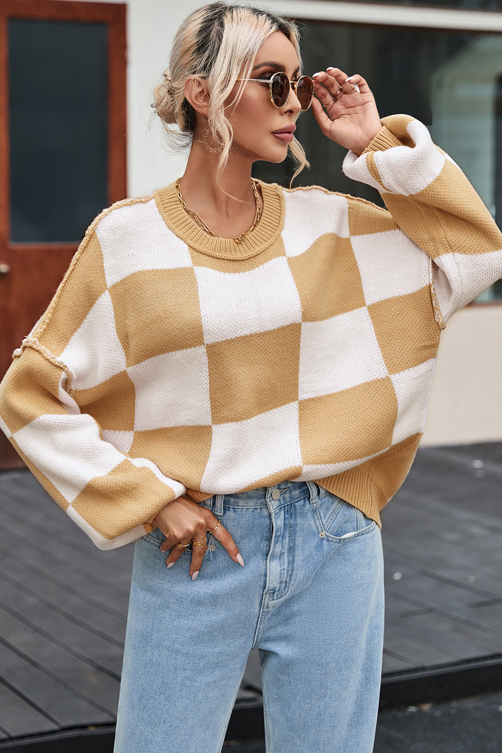 Gray Checkered Bishop Sleeve Sweater