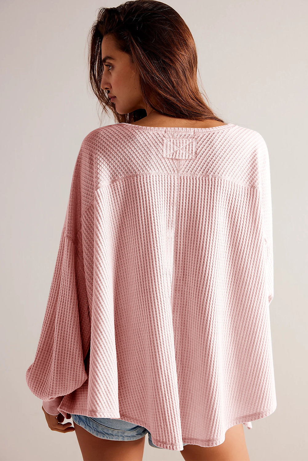 Bright Pink Waffle V Neck Long Sleeve Drop Shoulder Loose Blouse