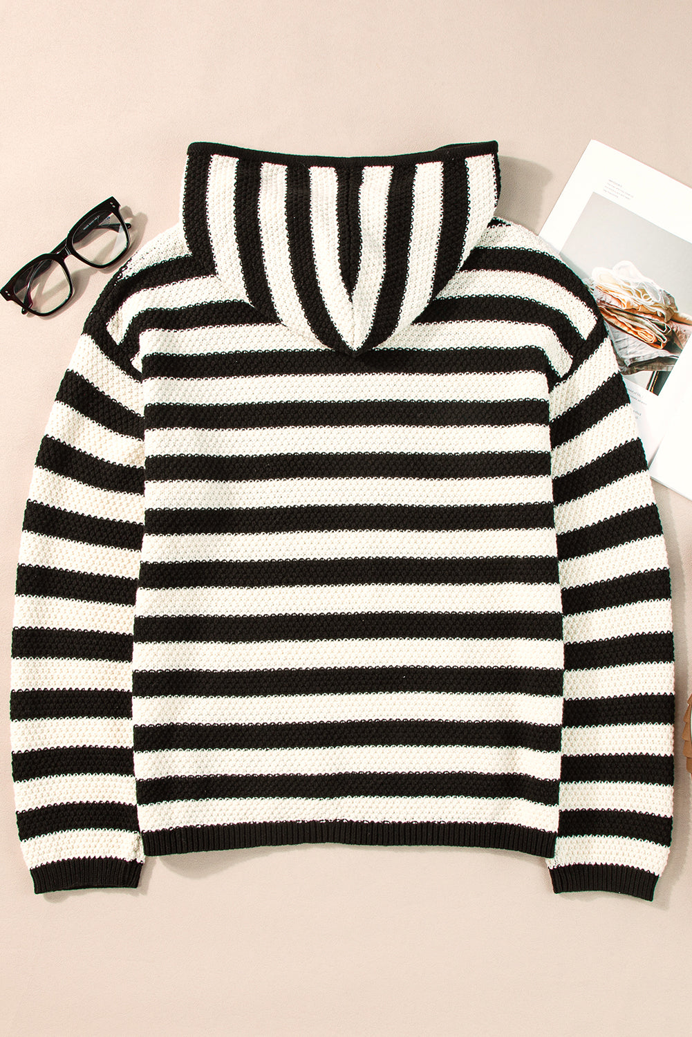 Blue Stripe V Neck Pocketed Drawstring Hooded Sweater