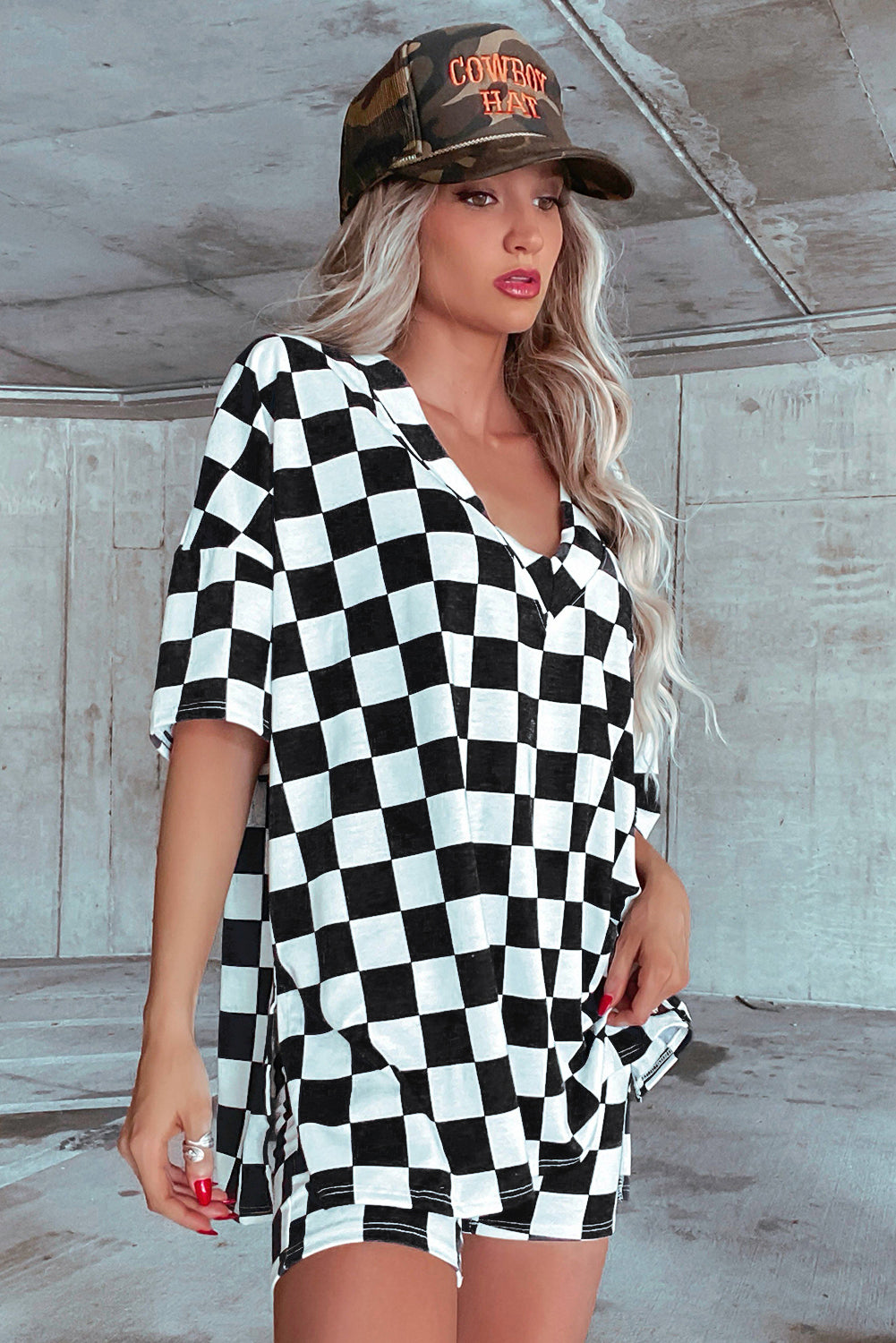 Orange Checkerboard Print V Neck Loose Tee and Shorts Lounge Set