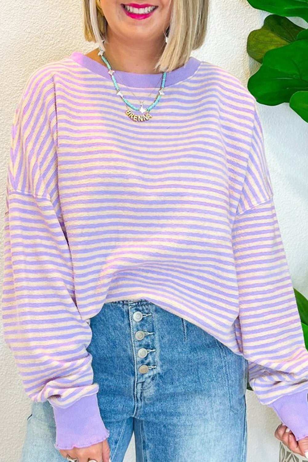 Brown Stripe Loose Drop Shoulder Long Sleeve Top