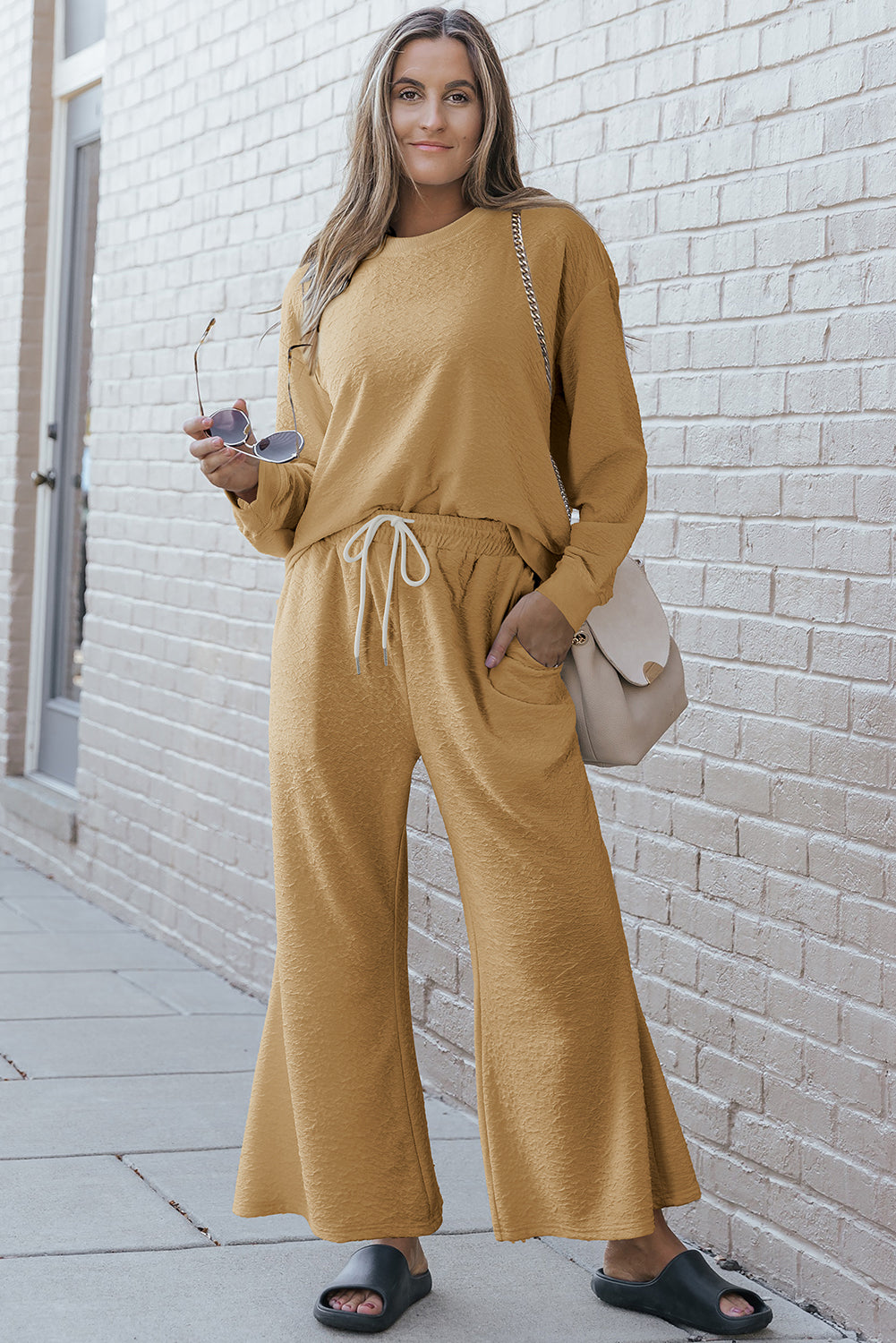 White Textured Long Sleeve Top Drawstring Pants Set