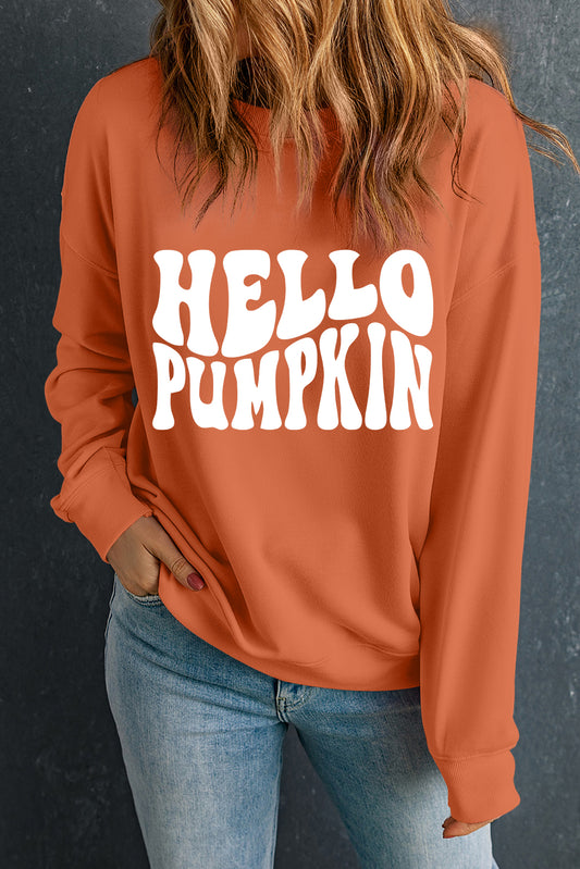 Orange Hello Pumpkin Graphic Drop Shoulder Halloween Sweatshirt