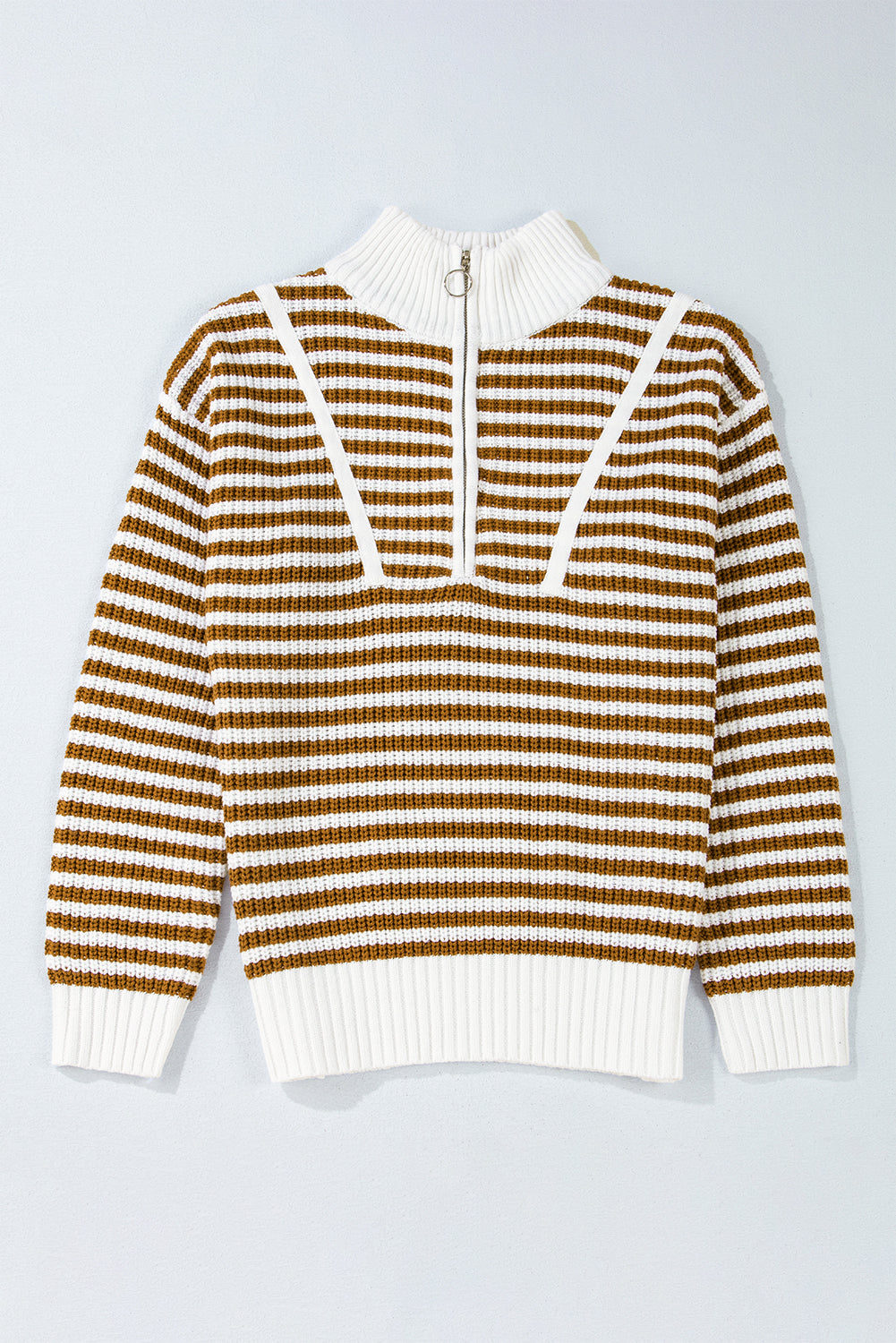 Sky Blue Stripe Zip up Collar Drop Shoulder Sweater