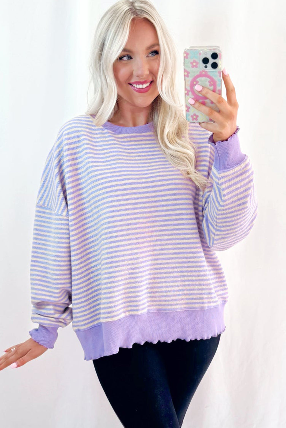 Brown Stripe Loose Drop Shoulder Long Sleeve Top