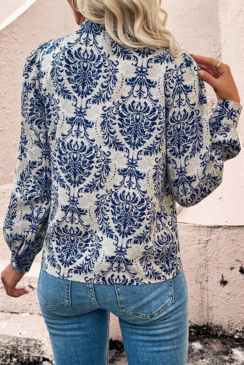 Sky Blue Bohemian Printed Bishop Sleeve Lace Shirt