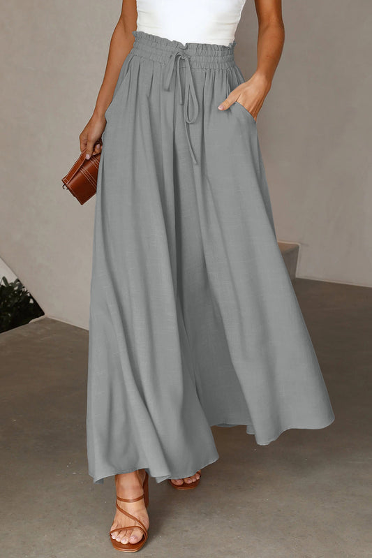 Gray Drawstring Smocked High Waist Wide Leg Pants