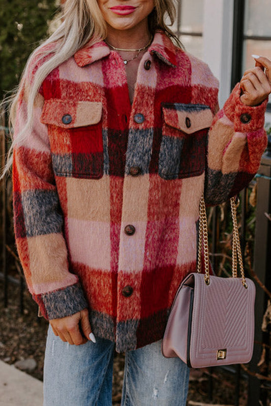 Orange Plaid Print Flap Pockets Buttoned Casual Plus Size Jacket