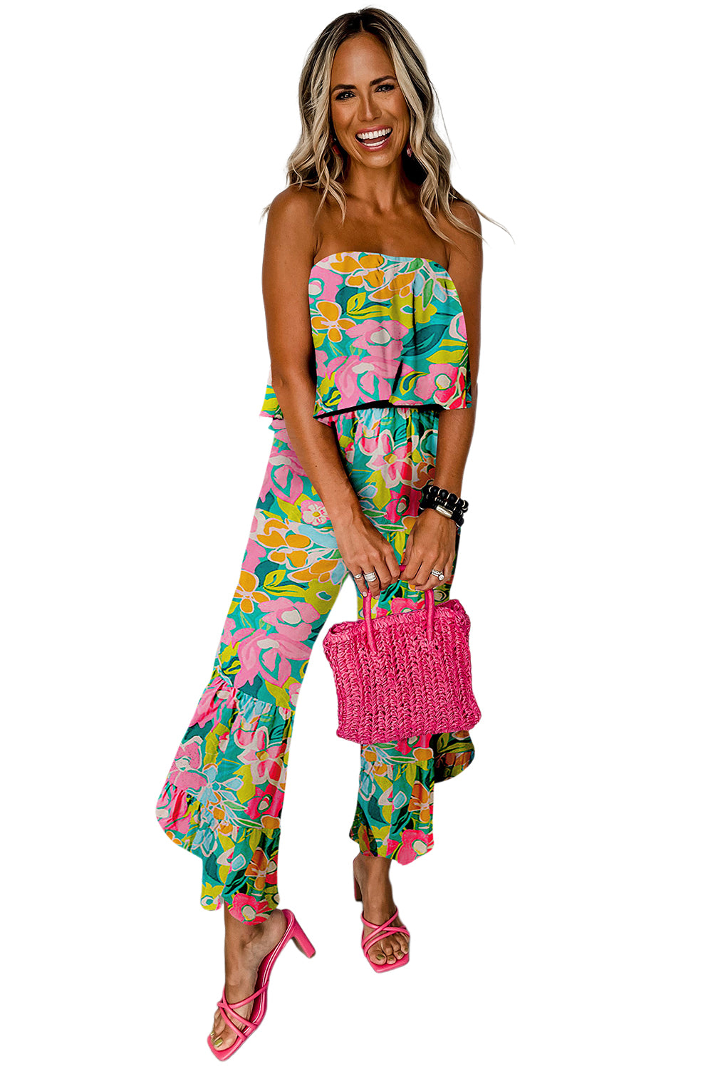 Red Mix Tropical Print Strapless Ruffled Jumpsuit